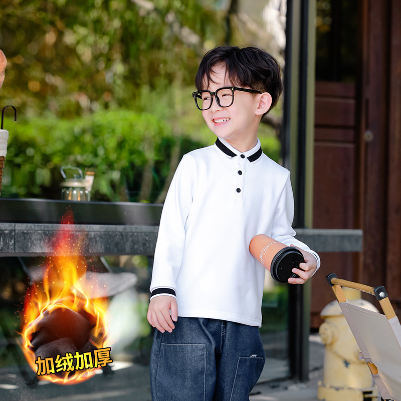 Picture of Boys' Long-sleeved T-shirt Fleece-lined Polo Shirt White Base Shirt for Middle and Big Children