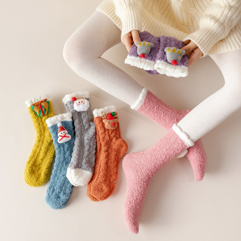 Picture of Coral Velvet Socks Women's Mid-tube Socks Autumn and Winter Home Japanese Cute Moon Socks fleece-lined Thickened Warm Christmas Socks
