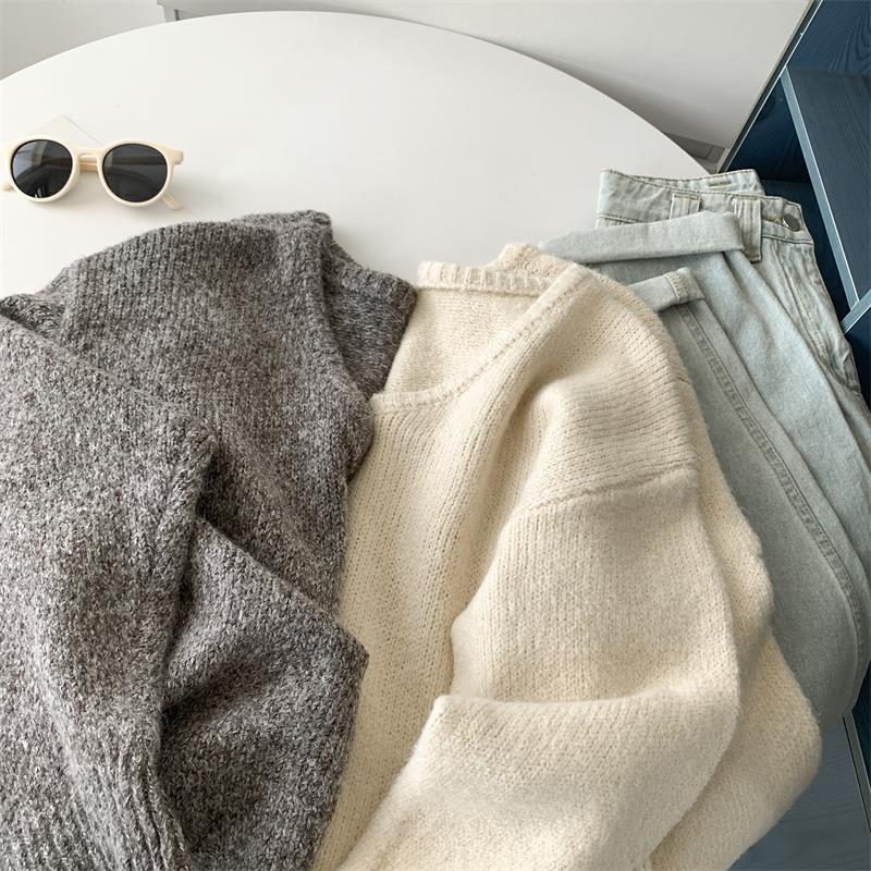 Lazy style retro soft glutinous gray wool temperament V-neck loose popular long sleeve sweater women's top sweater