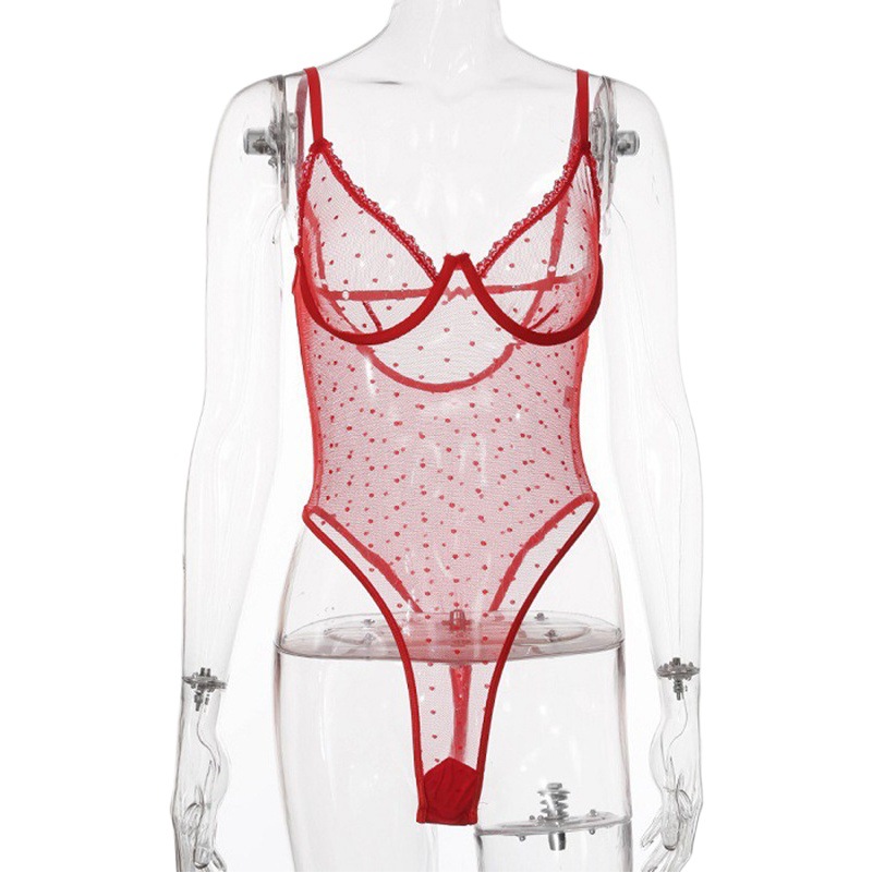 European and American new polka dot lace perspective low-cut jumpsuit free off sexy lingerie ultra-thin sexy temptation jumpsuit
