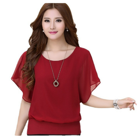 Picture of Foreign Trade Summer New Korean Style Slim-fit Mid-length Short-sleeved Chiffon Top Large Size Loose Base Shirt Women's Small Shirt