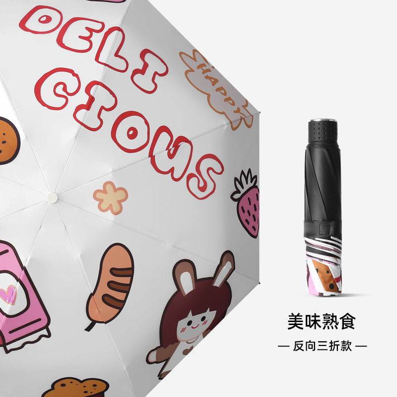 Picture of Digital Printing Sunny Umbrella New Cartoon Sunny and Rainy Umbrella Sunscreen UV Protection Black Rubber Three-fold Sunshade Umbrella