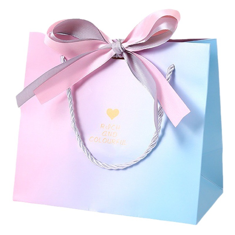 Valentine's Day Gradient Color Handbag Bow Ribbon Packaging Paper Bag Clothing Bag Gift Bag Gift Box Cross-Border Hot Sale