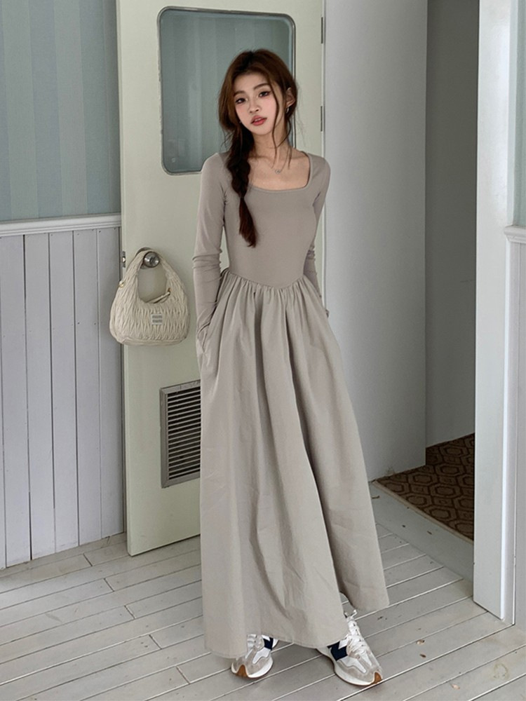 French Hepburn Style Long-sleeved Square Collar Bottoming dress Women's Autumn 2025 New High-end Elegant Inner Dress