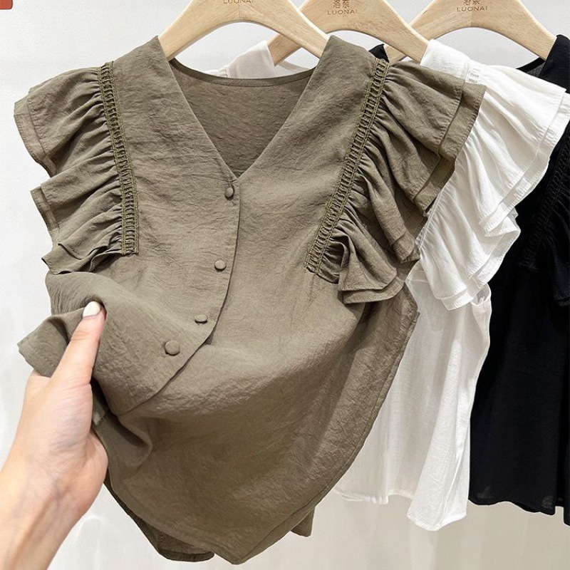 Chiffon Lace Shirt for Women Petite Flying Sleeves French Ruffle Collar Collarbone High-End Sleeveless Top for Women