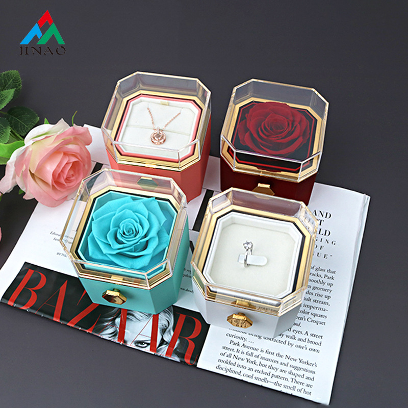 Cross-border New Octagonal Rotating Rose Flower Gift Box Acrylic Paint Eternal Flower Ring Necklace Jewelry Box Factory