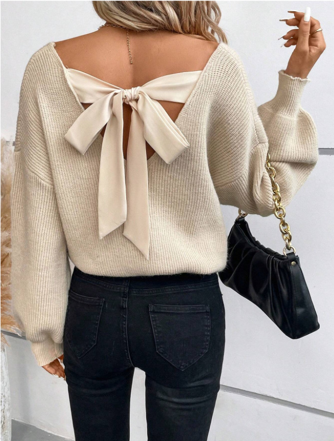 Picture of European and American cross-border women's V-neck solid color sweater, autumn foreign trade new long-sleeve casual loose bow top for women