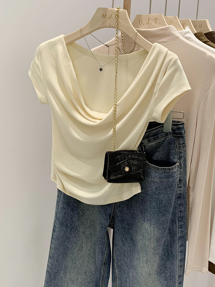 Design sense niche swing collar slim-fit stretch short-sleeved T-shirt women's summer 2024 New Hot Girl short top