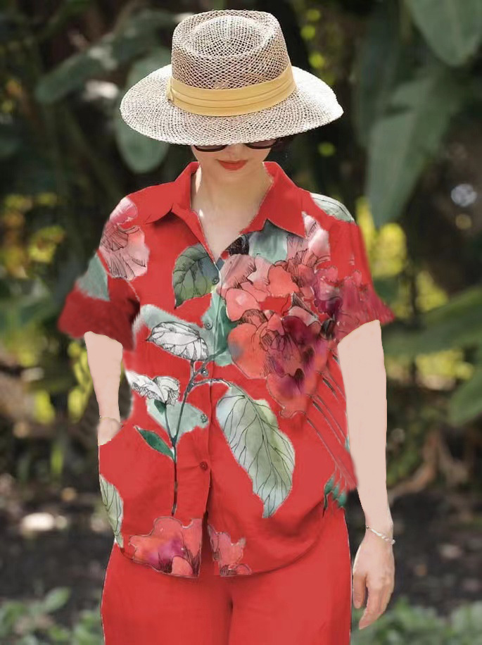 Picture of Amazon Spring and Summer plus size Loose chubby girl Elegant Casual Stylist Age-reducing Printed Shirt with Short Sleeve Lel