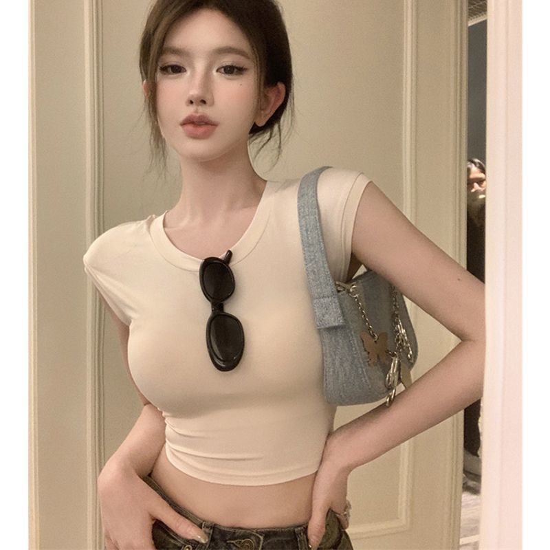 Pure Desire Backless Tight High Waist Short-Sleeved T-Shirt Women's Black Hot Girl Strap Slim-Fit Chic Short Top New Style
