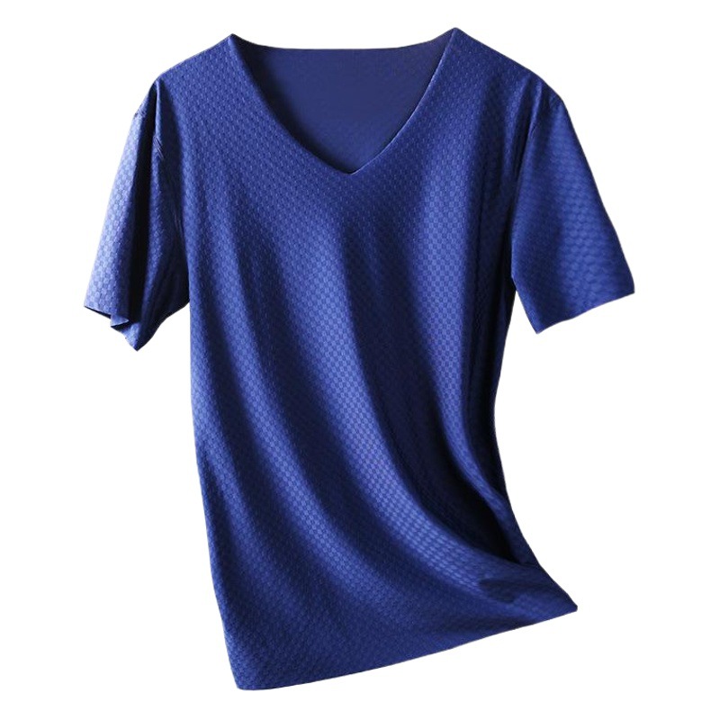 Ice Silk Traceless Short-sleeved T-shirt Men's V-neck Summer Thin Stretch Slim-fit Top Grid Quick-drying Sports Half-sleeved T-shirt