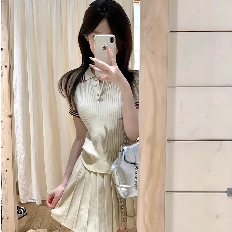 American Style Spice Girl Contrast Color Slim-fit Knitted Top Summer 2025 New All-match Slim-fit A- line Pleated Skirt suit Women