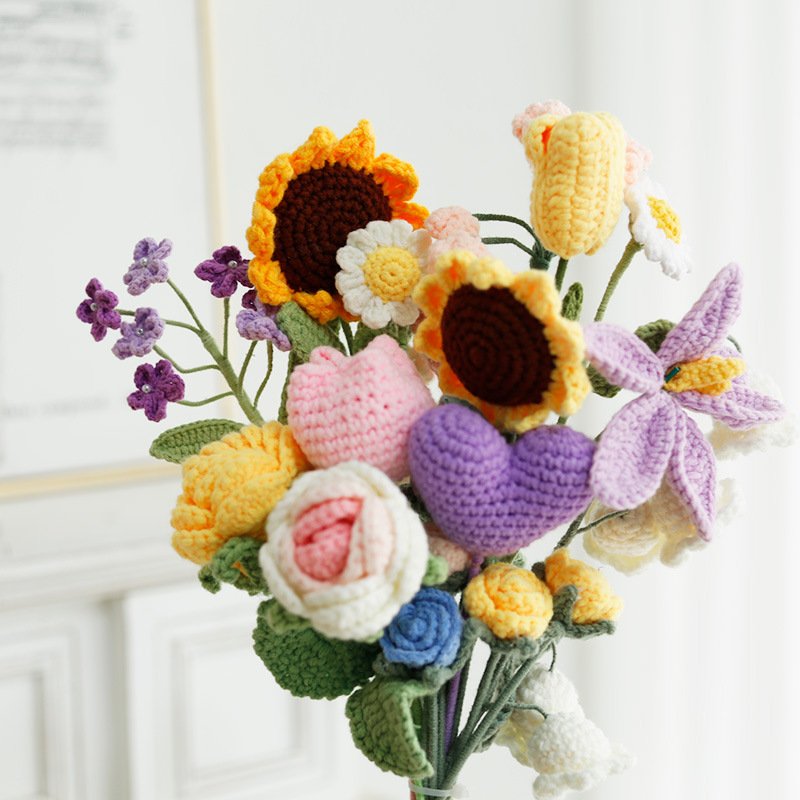 Teacher's Day Gift Sunflower Hand-Knitted Crochet Artificial Flower Crochet Bouquet Wool Flower Finished Product Starting from One Piece