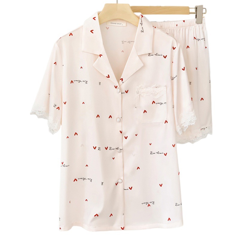 New spring and summer lace stitching home clothes satin women sweet love girl Ice Silk pajamas set manufacturers wholesale
