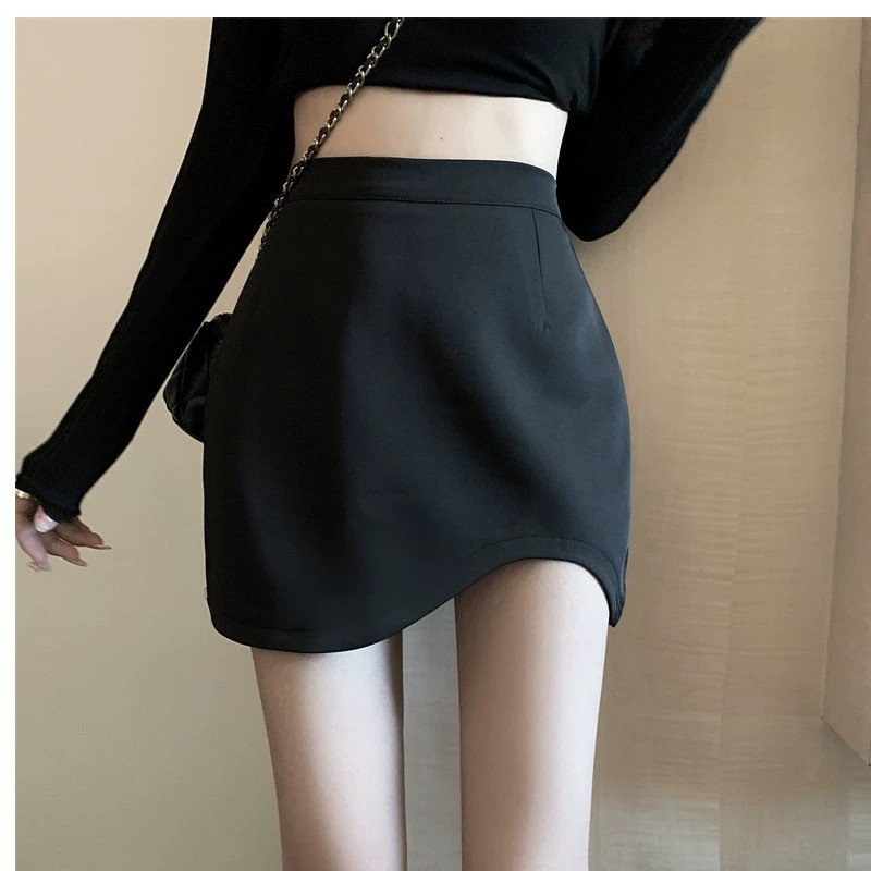 Irregular a-Line hip skirt women's summer side zipper black high waist skirt slim slimming anti-exposure skirt