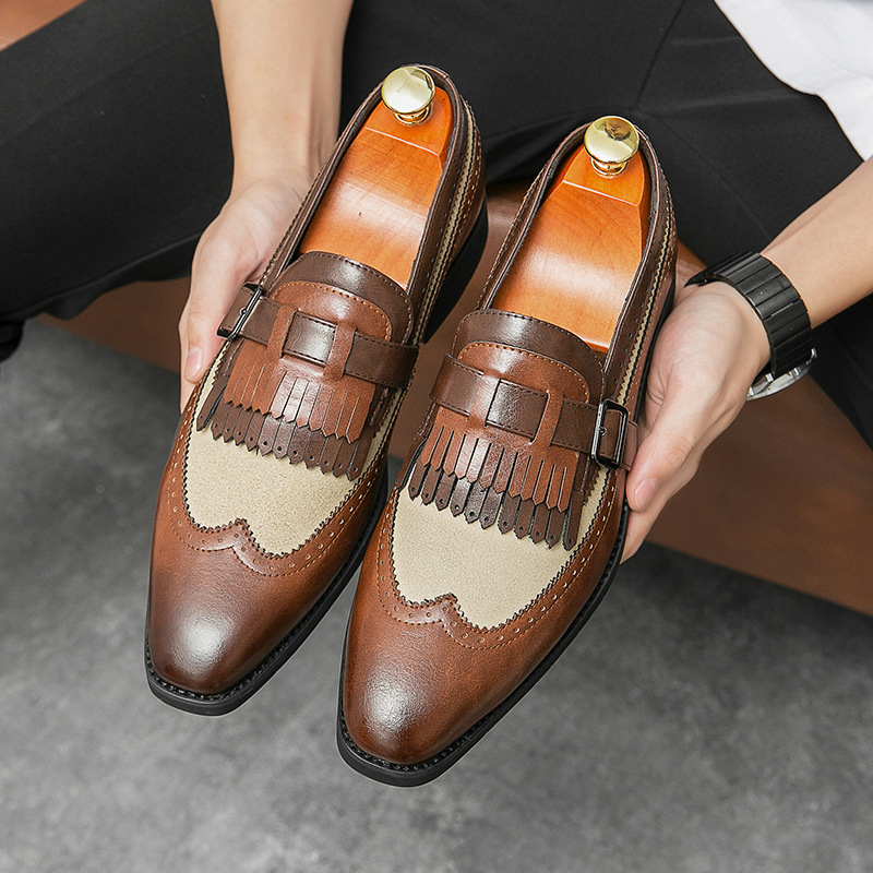 Cross-border plus size slip-on color matching pointed leather shoes Men's Four Seasons slip-on loafers low-top retro style flat shoes