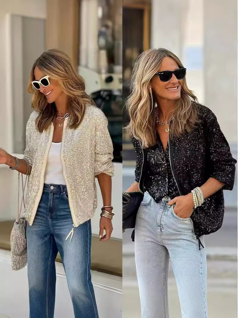 Cross-Border Foreign Trade Amazon Independent Station 2024 New European and American Autumn and Winter Casual Fashion Classic Sequin Nightclub Jacket