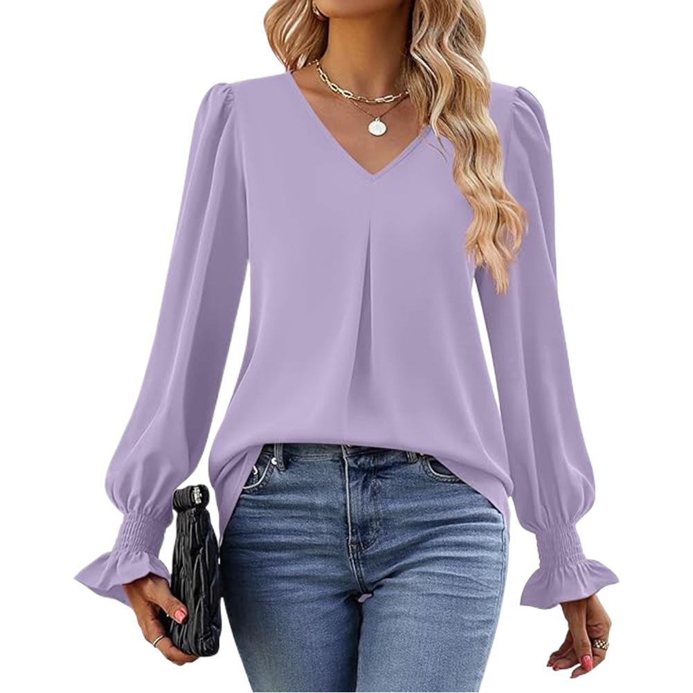2023 Amazon AliExpress autumn and winter new long-sleeved top fashion casual V-neck shirt loose chiffon shirt