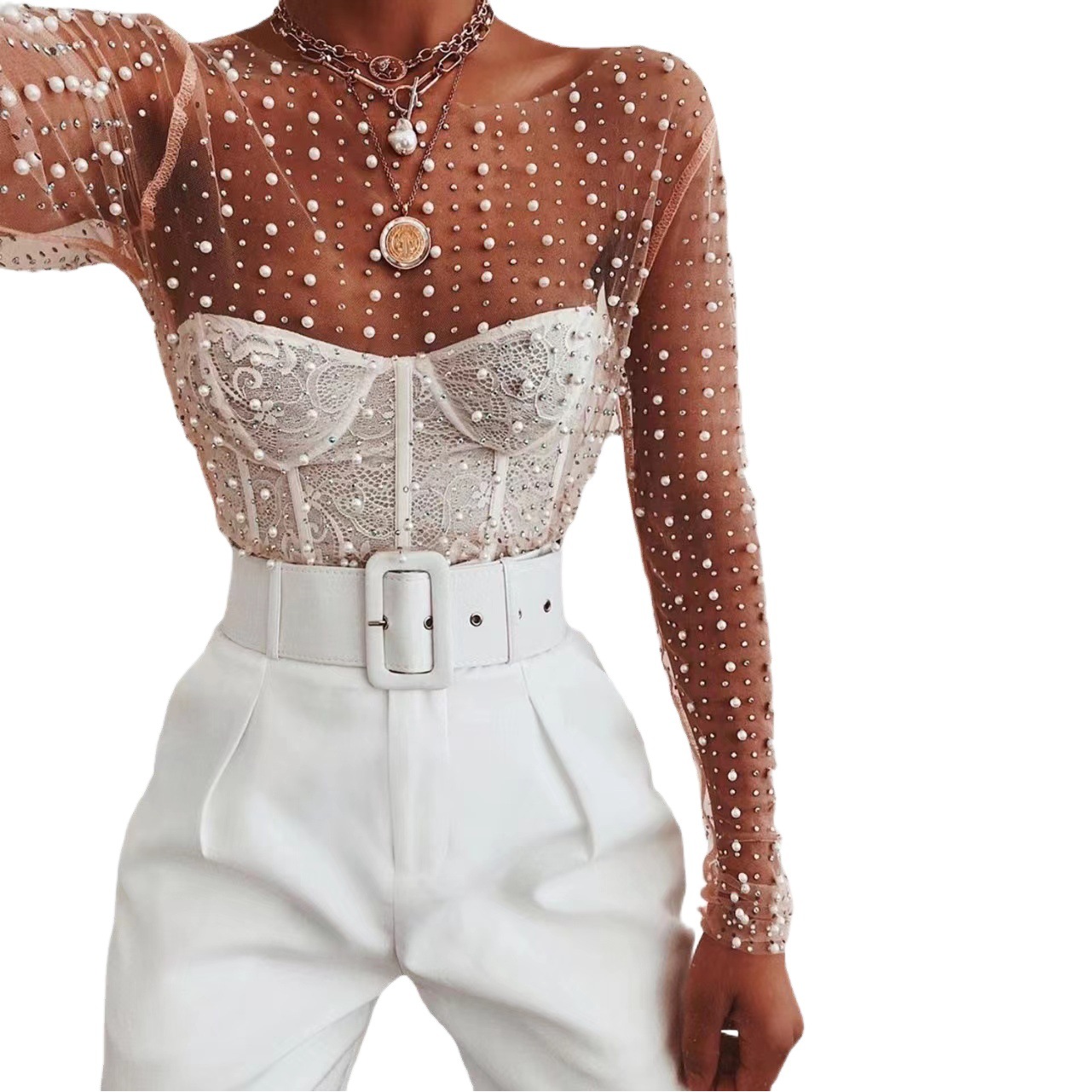 Picture of 2023 AliExpress Amazon spring and summer new hot rhinestone Pearl top elastic round neck mesh slimming heavy work transparent