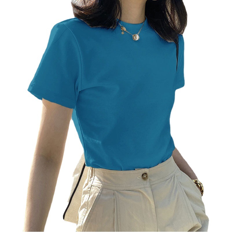 Shoulder Cotton Short-sleeved T-shirt Women's Summer T-shirt Stretch Slim-fit Slimming Base Shirt Round Neck Base Top Trendy