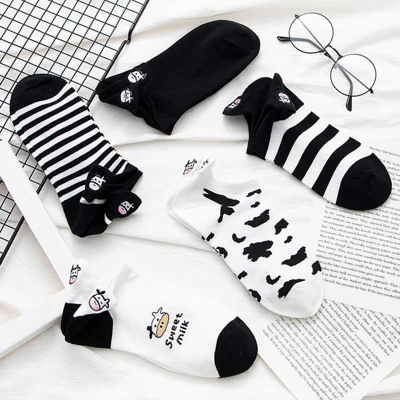 Picture of Black and White Cow Country Sweet Cute Japanese Short Socks Embroidered Striped Cartoon Boat Socks
