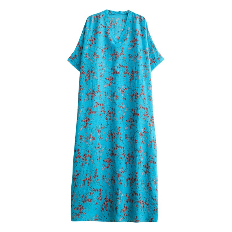 Bohemian Vintage Printed V-Neck Large Size Dress for Chubby Girls New Artistic All-match Artistic Large-length Dress for Women