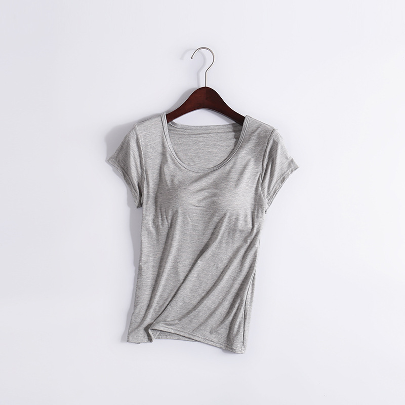 Picture of Modal T-shirt Women's Spring and Autumn Solid Color Short-sleeved Bra-free Yoga Bottoming Outer Wearing Cup All-in-one Home Clothes Inner Wearing