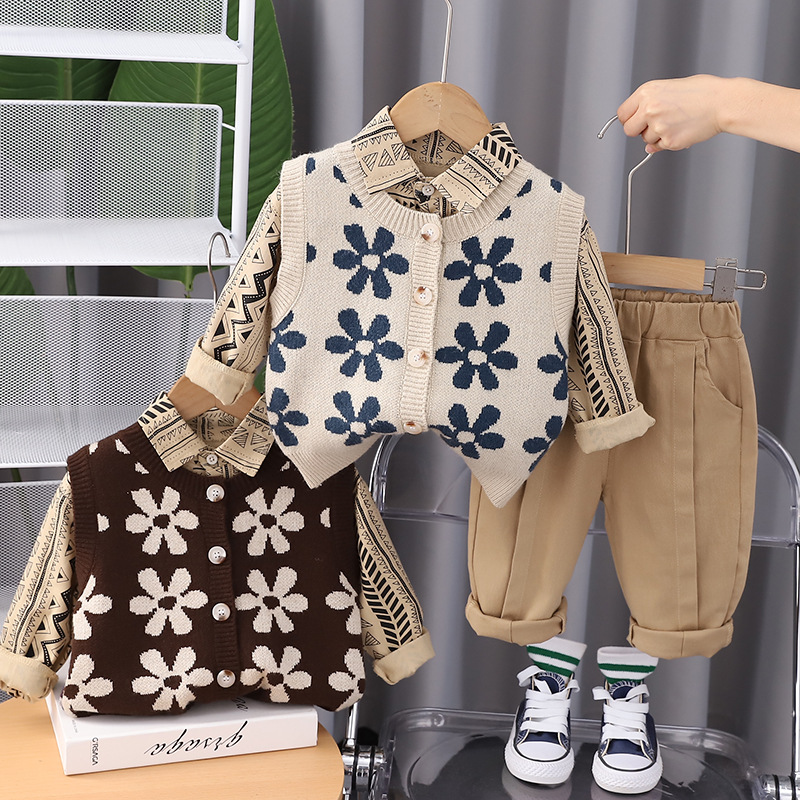 Boys' Children's Wear Autumn New Fashion Full Printed Vest Long Sleeve Casual Trousers Trendy Three-Piece Set