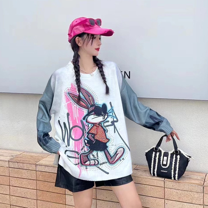 2024 autumn and winter new heavy printed cartoon rabbit sweater women's design sense loose fashion pullover knitted top