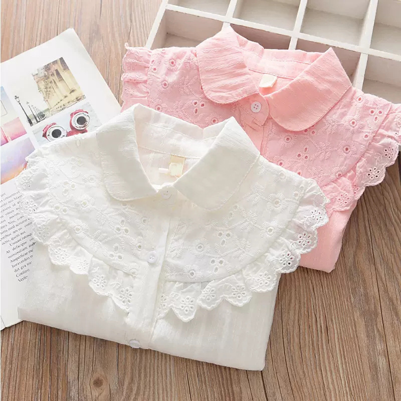 Girls' Cotton Shirt Lace White Girls' Base Top Long Sleeve Cardigan for Children and Students Overseas