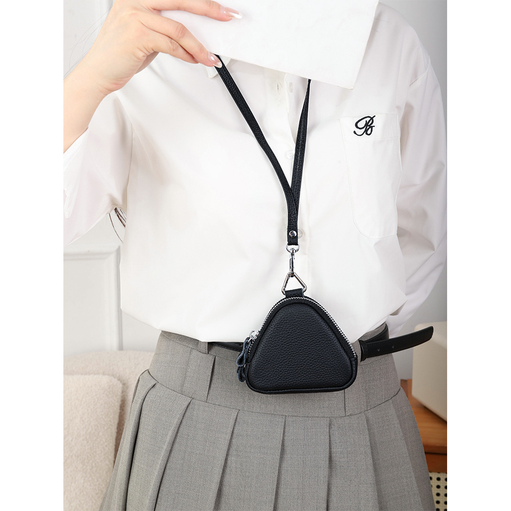 New Fashion Double Zipper Genuine Leather Neck Coin Purse Women's Triangle Top Layer Cowhide Coin Bag Headset Storage Bag