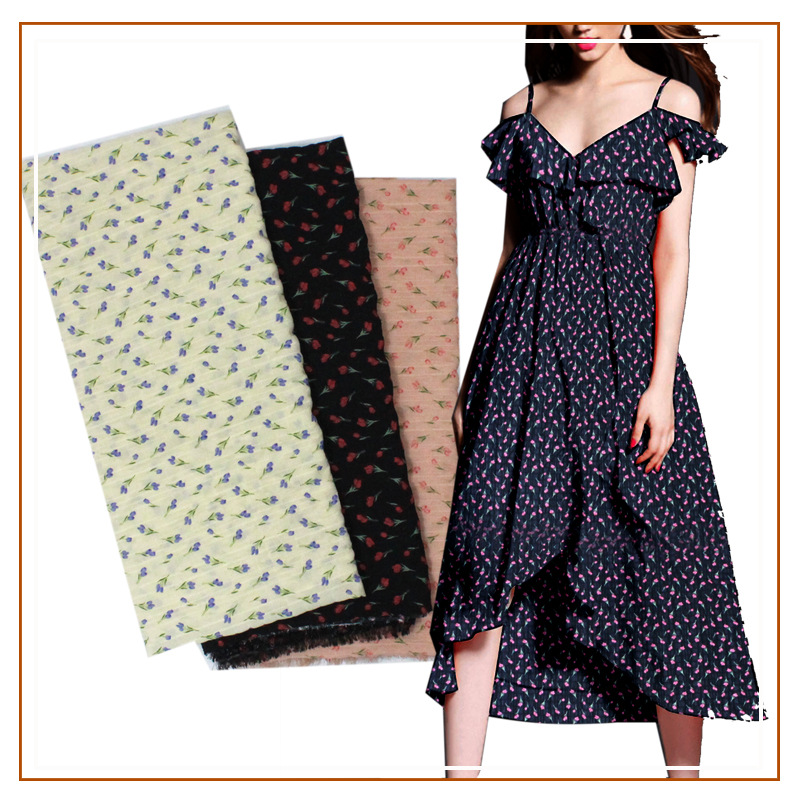 Wrinkled Plaid Printed Fabric Small Floral Semi-transparent Plaid Fresh Korean-Japanese Style Skirt dress Printed Fabric