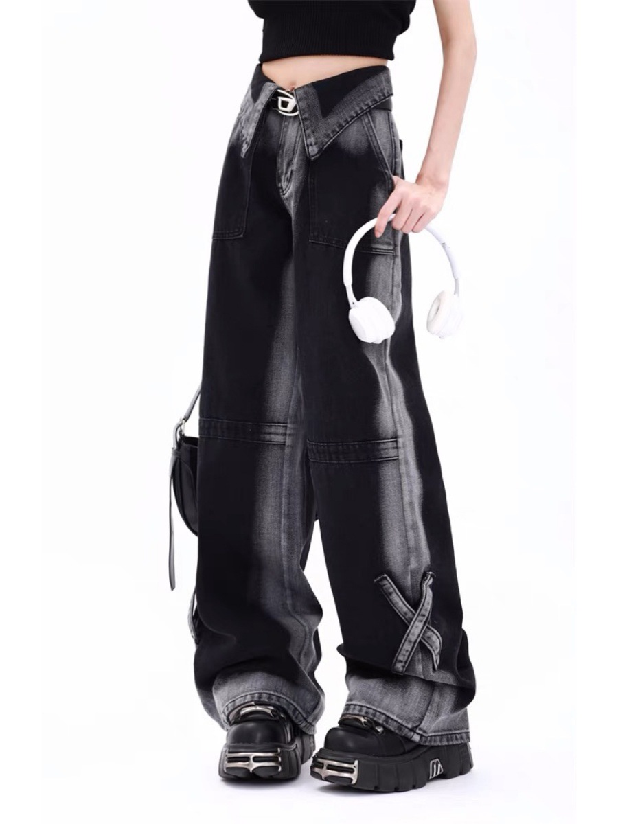 Black Grey Gradient Flanging Denim Wide Leg Pants Women's Summer 2024 New Slimming Vertical Straight Long Pants