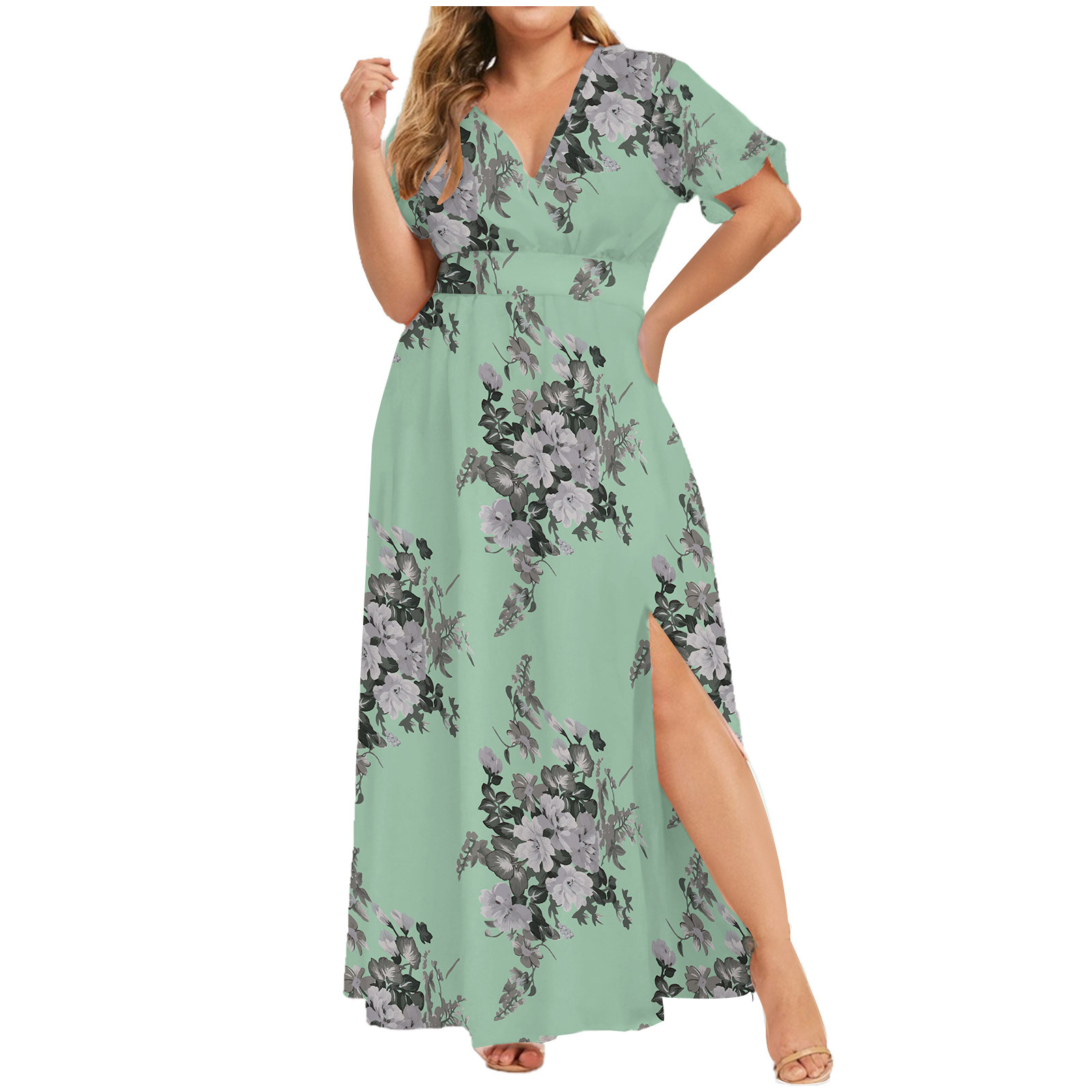 Picture of 2024 European and American Cross-Border Dress Summer New Plus Size Women's Printed Hem Slit Printed Short-Sleeved Dress