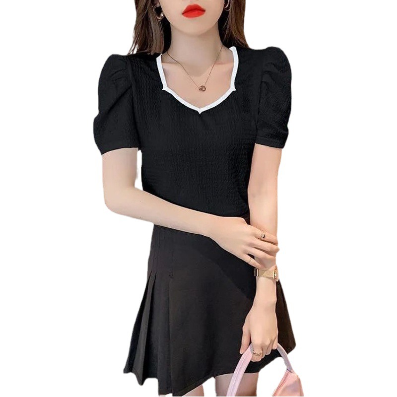2025 New Summer Short-sleeved T-shirt Women's White Square Collar High Waist Short Puff Sleeve Top Tight Shirt