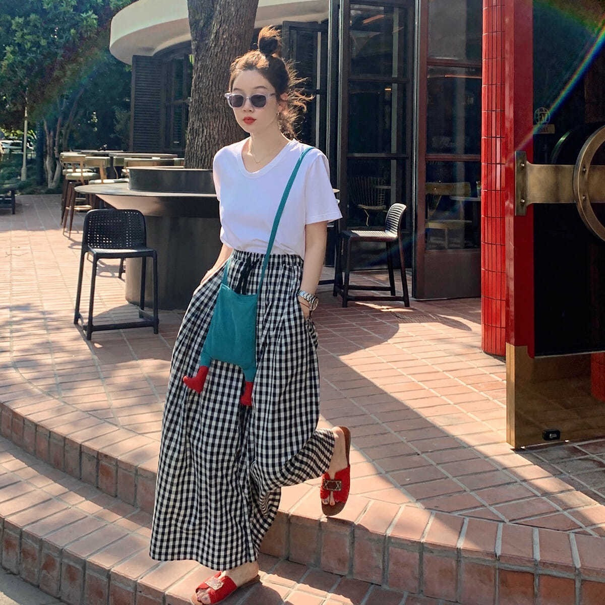 Summer New Product 2025 New Plaid Wide-Leg Culottes Elastic High-Waisted Slim Versatile Pants Loose Casual Pants for Women
