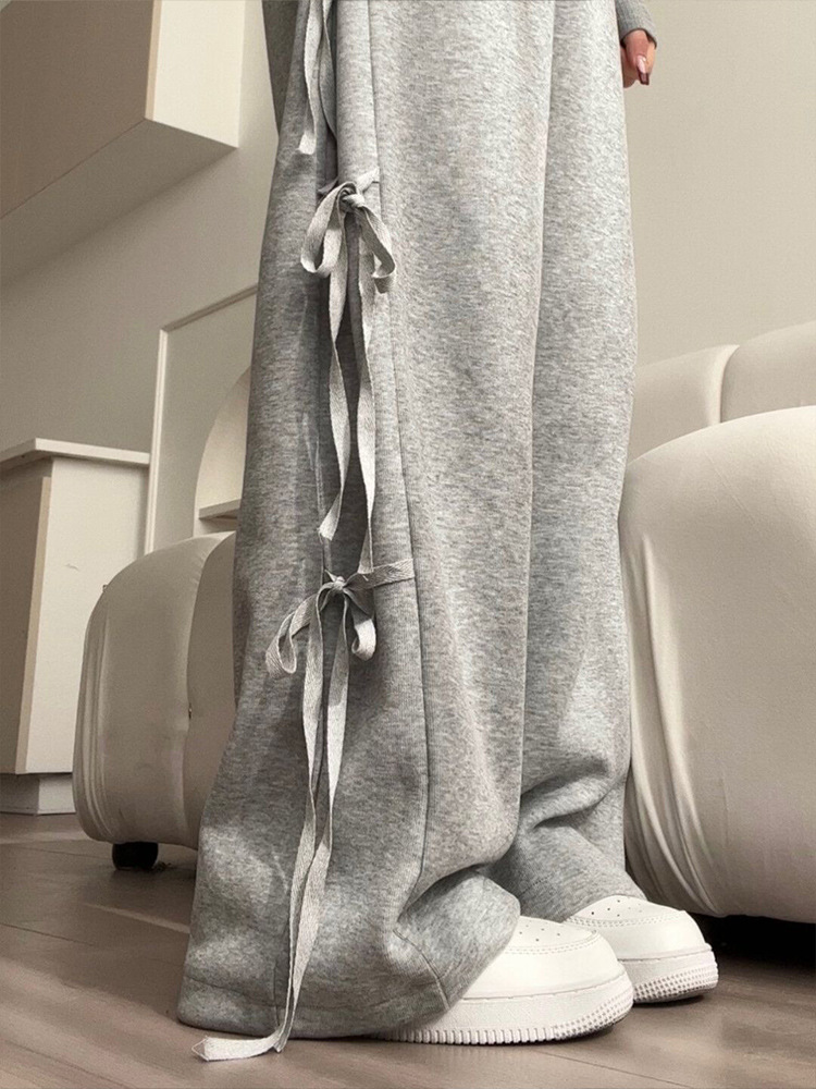 Bow Strap Sports Pants Women's Spring and Autumn 2024 New Grey Design Sense Small Casual Wide Leg Pants Sweatpants