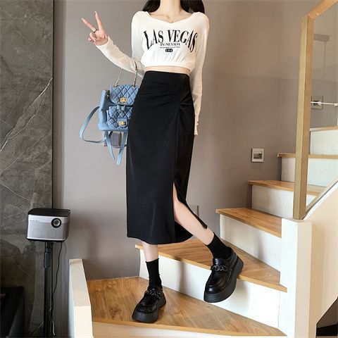 Picture of Summer Popular Large Size Chubby Girl Black Skirt Women's High Waist Slimming Mid-length Pleated Split A- Line Hip Skirt