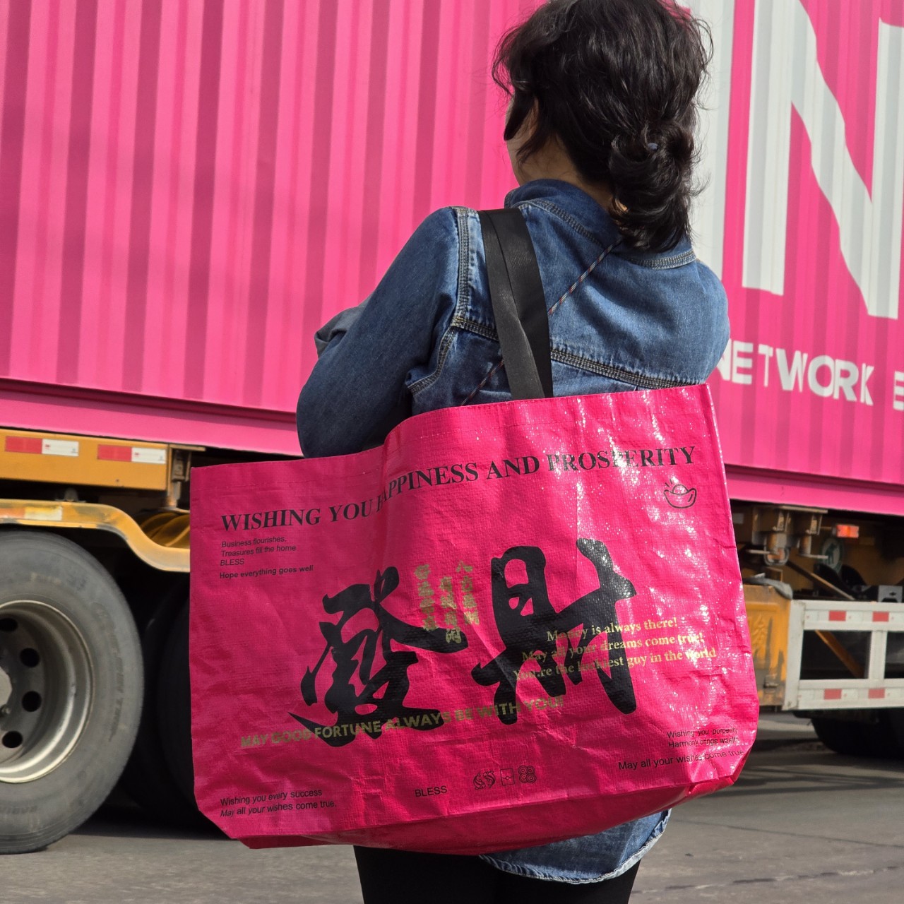 Woven Bag Clothing Bag Student Pink Fortune Text Bag Gift Shopping Bag Logo Handbag Pink Trendy Bag