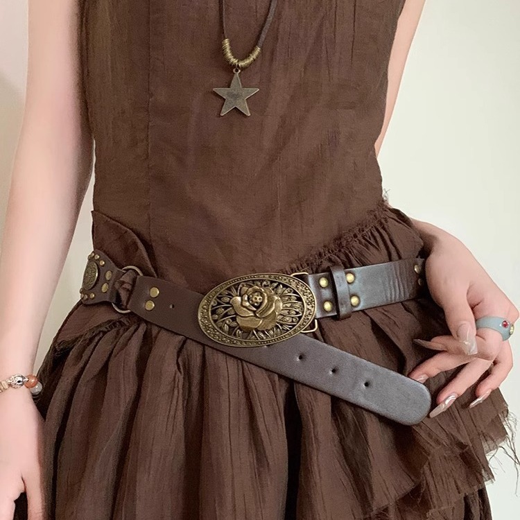 Bohemian Style American Brown Belt Women's Decorative Skirt Y2K Versatile Retro Niche Design Belt