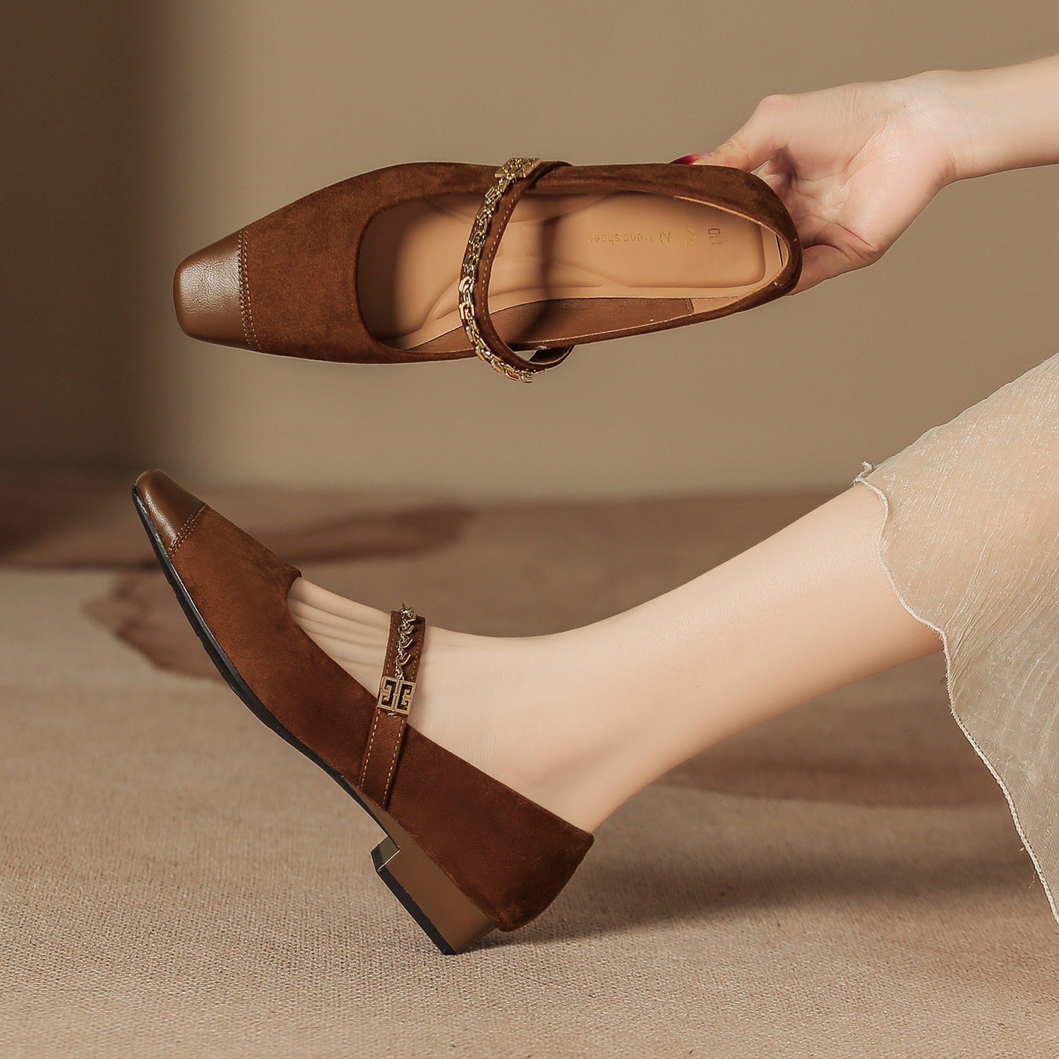 H8563-3 All-match New Square-head Mary Jane Single-layer Shoes Women's Summer Outer Wear Women's Low-heel Women's Shoes Suede with Skirt