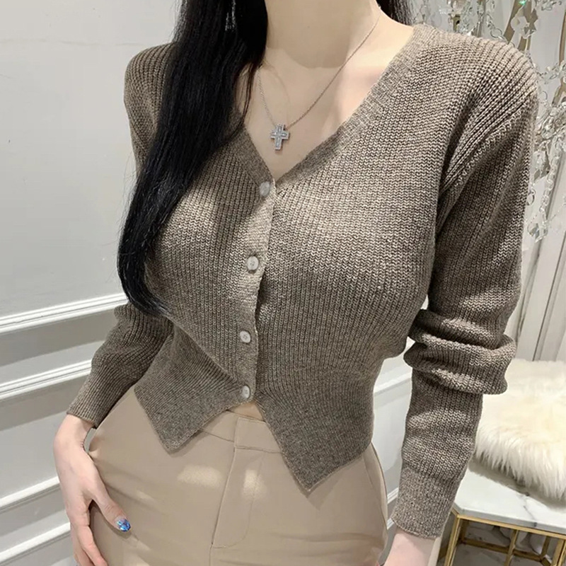 South Korea Dongdaemun Autumn and Winter New Elegant Tight Waist V-neck All-match Comfortable Long-sleeved Knitted Sweater Cardigan Jacket T-shirt Women