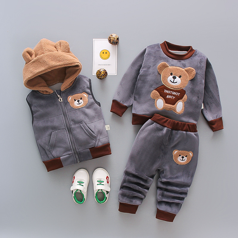 Boys and girls autumn and winter long-sleeved new suit children's Korean double-sided velvet cartoon three-piece children's clothing three-piece suit