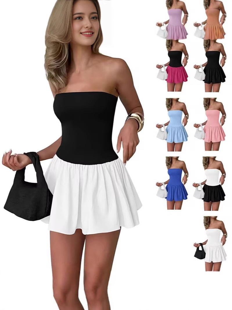 Amazon 2025 European and American Cross-border New Women's Fashion Sexy Spice Girls Tube Pleated Contrast Slim Fit dress