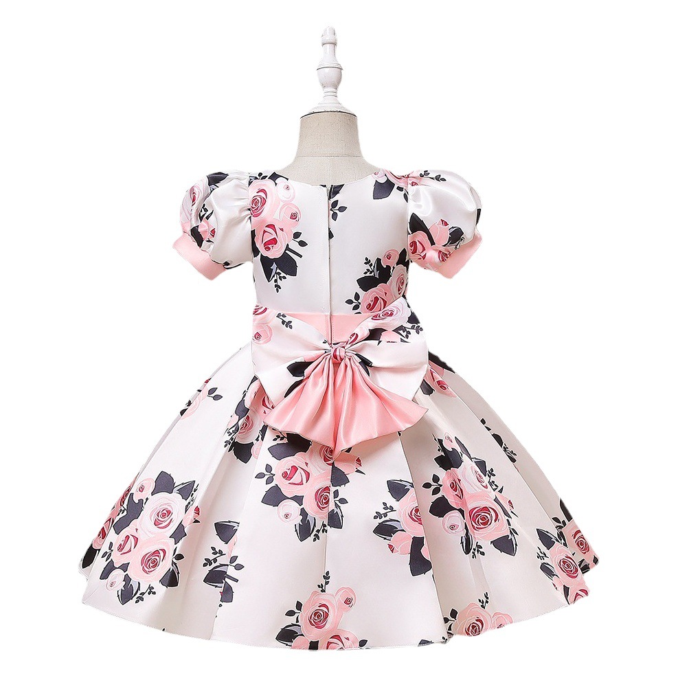 2024 New Amazon European and American Girls Dress Forged Cloth Rose Print Princess Dress Bow Flower Girl Dress