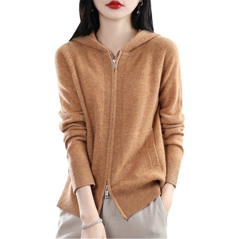 Hooded Zipper knitted cardigan women's long sleeve versatile 2024 Spring and Autumn New loose sweater coat fashion top