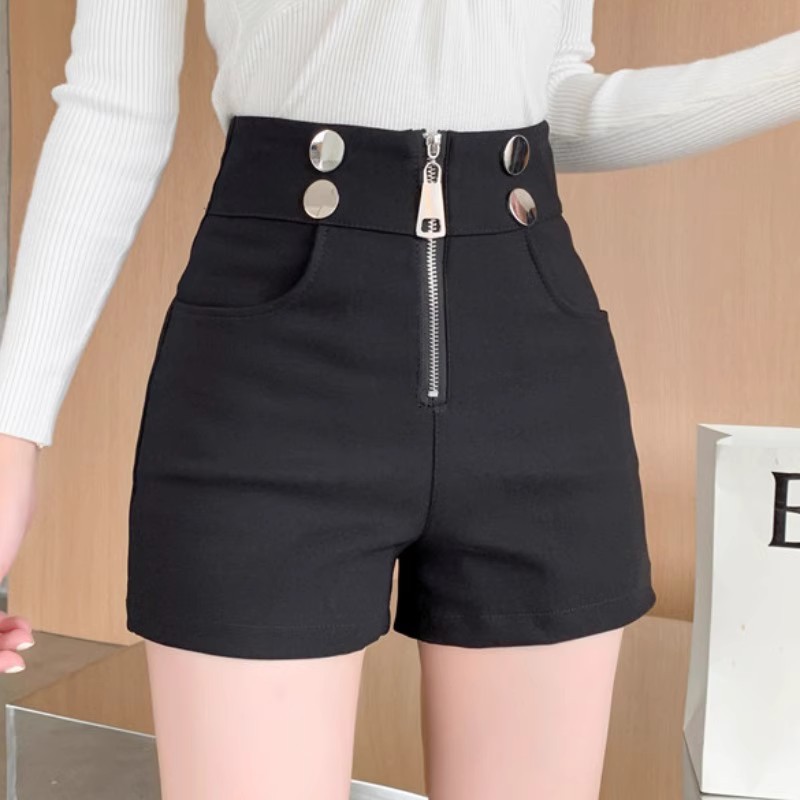 2024 New Summer Black Stretch Shorts Women's Design Niche High Waist Zipper Casual All-match Hot Shorts