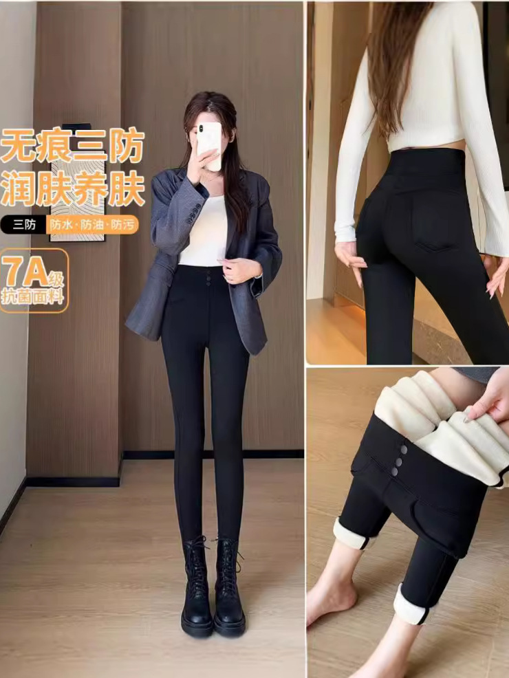 2025 New Cashmere Silk High-Waisted Black Leggings for Women, Autumn and Winter Slimming Fleece-Lined Shark Pants