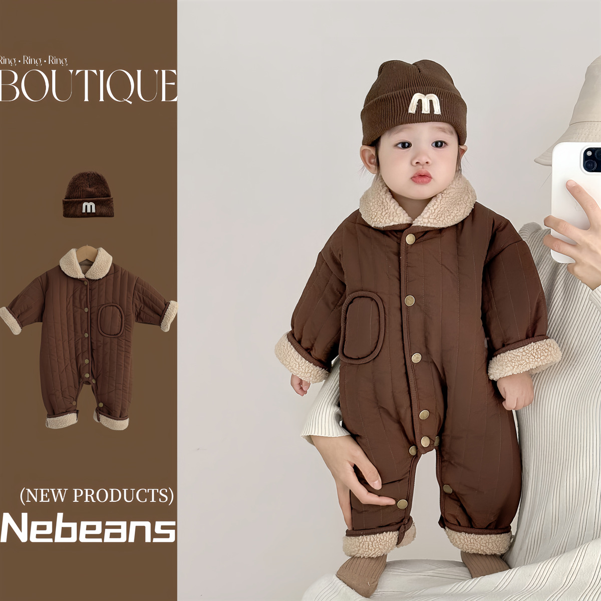 25 Autumn and Winter New Velvet Products for Boys and Girls, Trendy Baby Clothes, Baby Cotton-Padded Jackets, Jumpsuits, Brown Outing Clothes