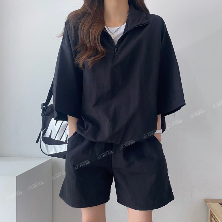 Picture of Short-sleeved shorts women's two-piece set plus size high collar zipper spring and summer fashion casual sportswear suit loose